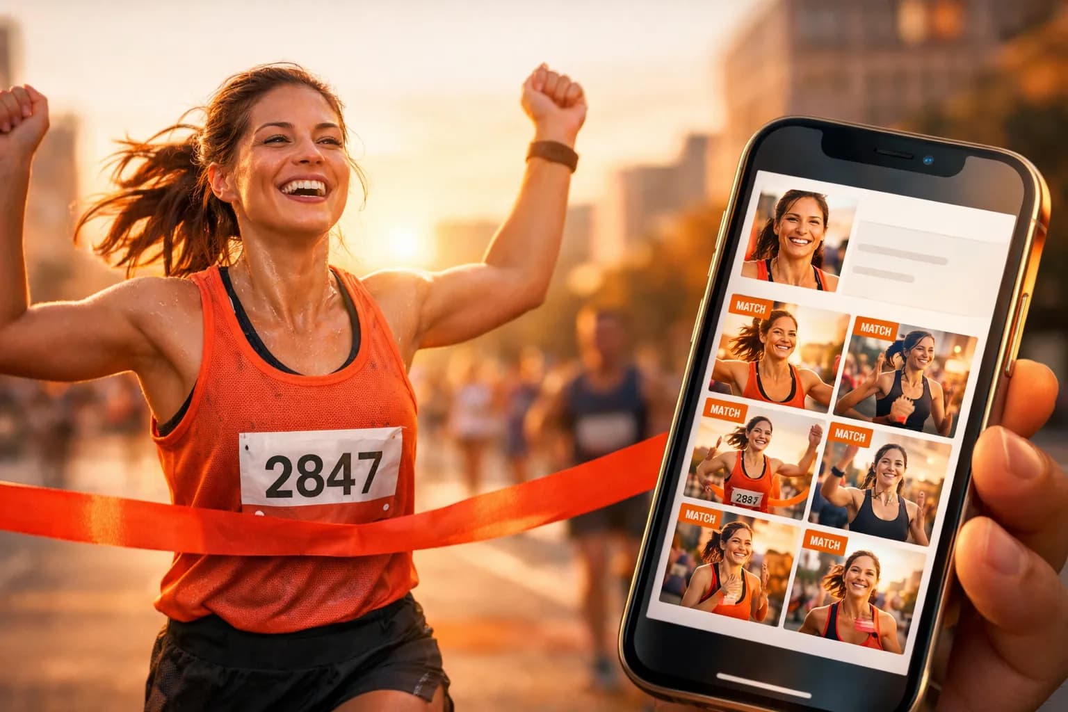 Atleta cruzando linha de chegada em maratona